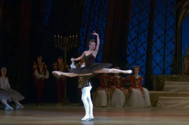 DNEPROPETROVSK, UKRAINE - 29 Mart 2014 'te Dnepropetrovsk, Ukrayna' da Dnepropetrovsk Opera ve Bale Tiyatrosu tarafından sahnelenen Kuğu Gölü balesi