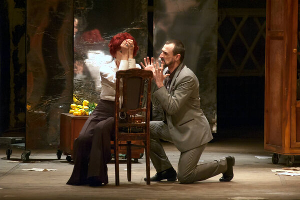 DNEPROPETROVSK, UKRAINE - JULY 4: Members of the Dnepropetrovsk State Russian Drama Theatre perform THE MAKROPULOS AFFAIR on July 4, 2014 in Dnepropetrovsk, Ukraine