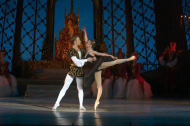 DNEPROPETROVSK, UKRAINE - 29 Mart 2014 'te Dnepropetrovsk, Ukrayna' da Dnepropetrovsk Opera ve Bale Tiyatrosu tarafından sahnelenen Kuğu Gölü balesi