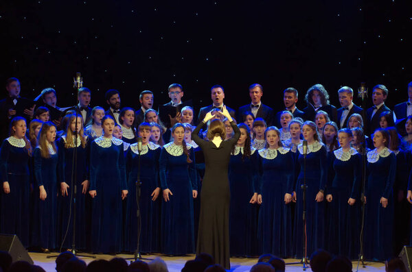 DNIPROPETROVSK, UKRAINE - MAY 6: Members  of the Conservatory Choir perform at the Philharmonic on May 6, 2015 in Dnipropetrovsk, Ukraine