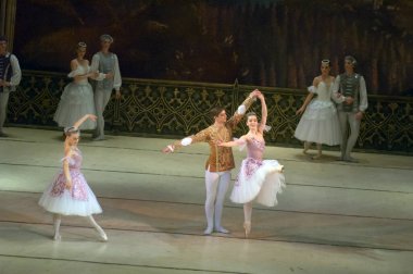 DNEPROPETROVSK, UKRAINE - 27 Nisan: Dnepropetrovsk Opera ve Bale Tiyatrosu tarafından 27 Nisan 2014 'te Dnepropetrovsk, Ukrayna' da gerçekleştirilen Kuğu Gölü balesi