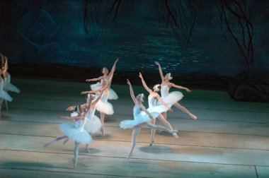 DNEPROPETROVSK, UKRAINE - 27 Nisan: Dnepropetrovsk Opera ve Bale Tiyatrosu tarafından 27 Nisan 2014 'te Dnepropetrovsk, Ukrayna' da gerçekleştirilen Kuğu Gölü balesi