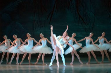 DNEPROPETROVSK, UKRAINE - 29 Mart 2014 'te Dnepropetrovsk, Ukrayna' da Dnepropetrovsk Opera ve Bale Tiyatrosu tarafından sahnelenen Kuğu Gölü balesi