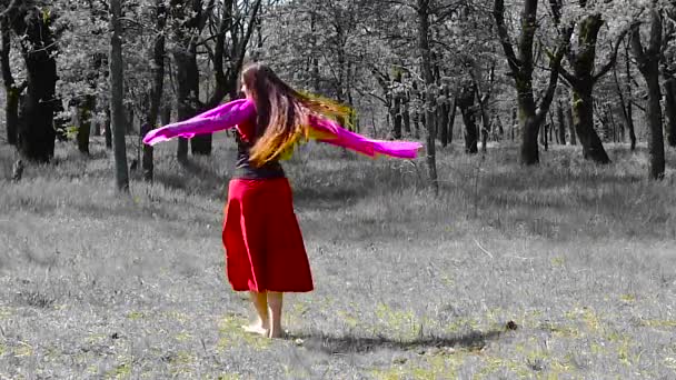 赤いドレスで長い髪の美しい若い女の子が森の中で踊っている — ストック動画