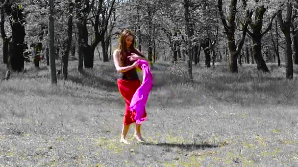 Beautiful Young Girl Long Hair Red Dress Dancing Forest — Stock Video