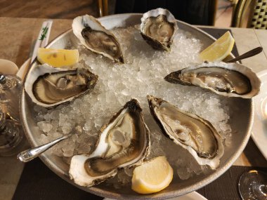 Limonlu taze istiridye ve buzlu büyük bir tabak..