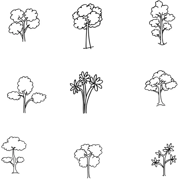 Ensemble de différents arbres doodle — Image vectorielle