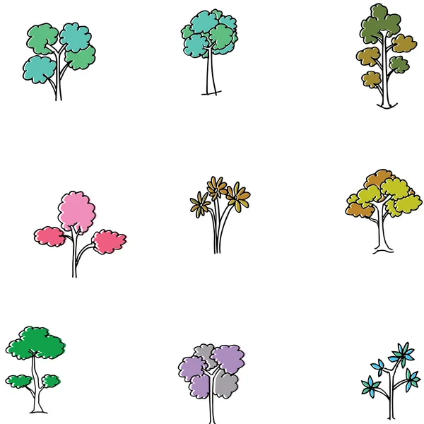 Conjunto de árvores coloridas de rabiscos — Vetor de Stock