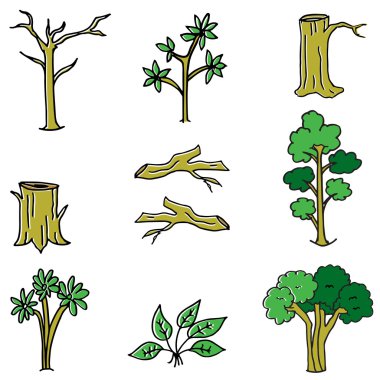 vektör ağaç ve ahşap doodle ayarla