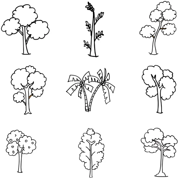 Hand Draw Tree Set verschiedene Doodle — Stockvektor