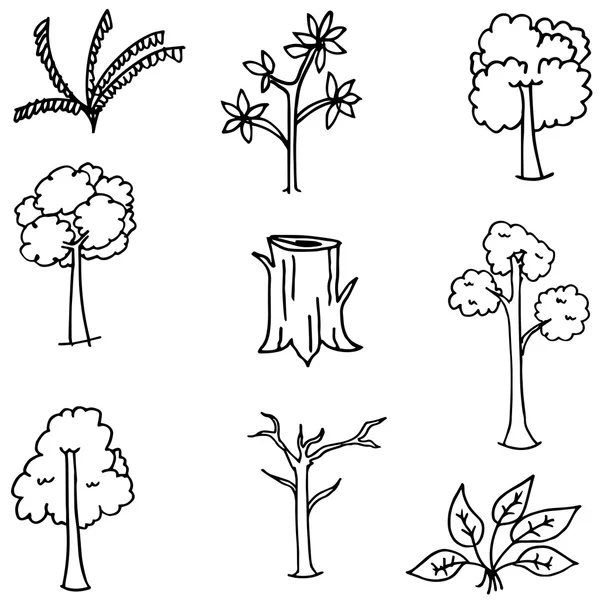Doodle de árbol y hoja dibujar a mano — Vector de stock