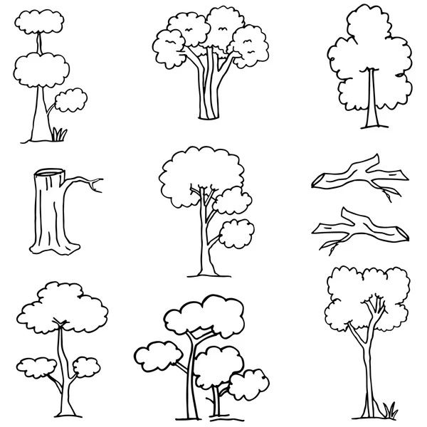Disegna a mano albero impostato su doodle — Vettoriale Stock