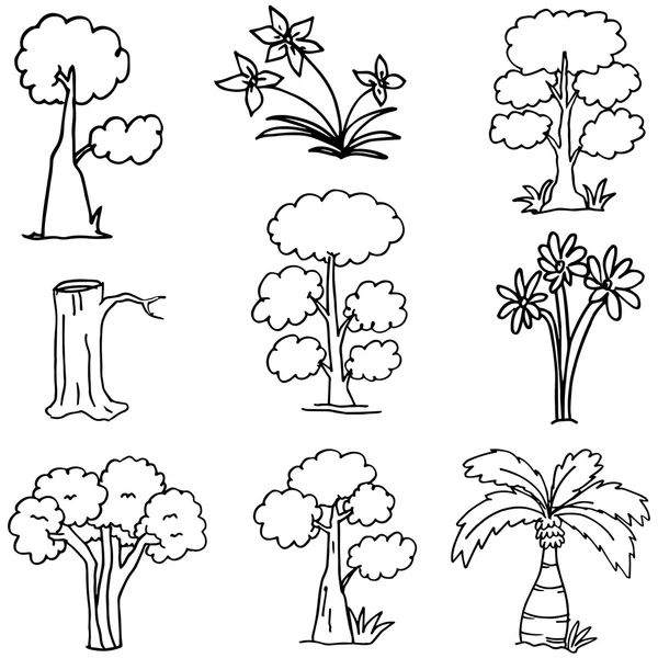 Ручной рисунок дерева разные в каракулях — стоковый вектор