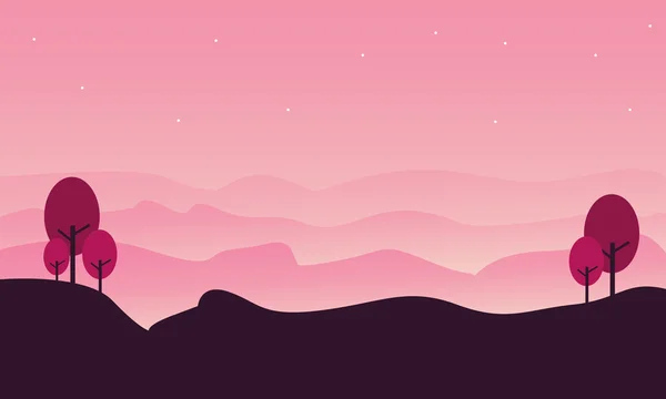 Silueta de paisaje montañoso con fondos rosas — Vector de stock