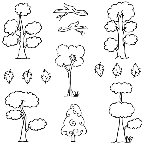 Dibujo de mano del conjunto de árboles garabato — Vector de stock