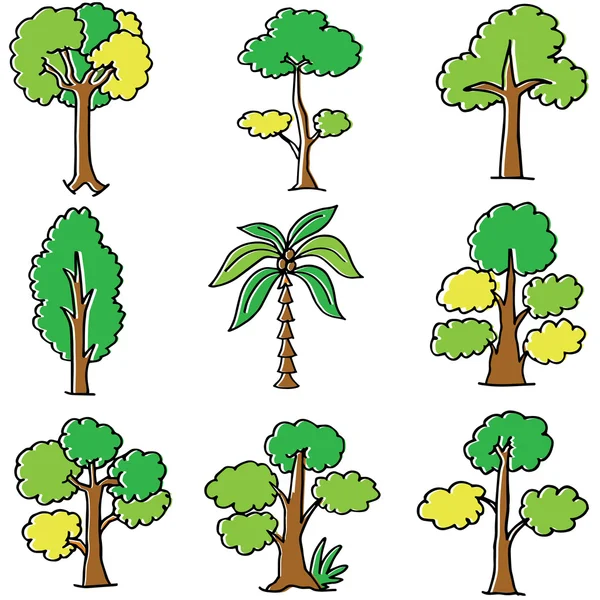 Doodle de conjunto de objetos de árvore — Vetor de Stock