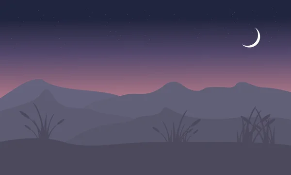 Landschaft Hügel und Mond bei Nacht Silhouette — Stockvektor