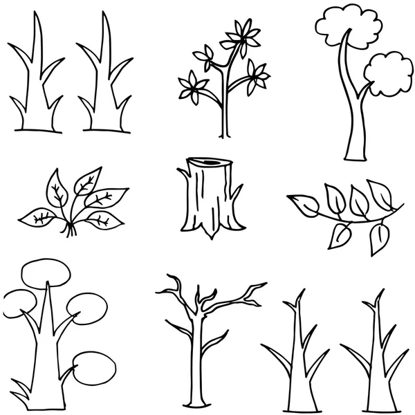 Doodle de árbol conjunto blanco fondos negros — Vector de stock