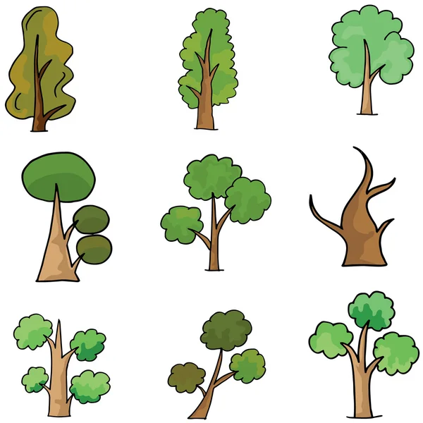 Collection of different tree doodles — Stock Vector