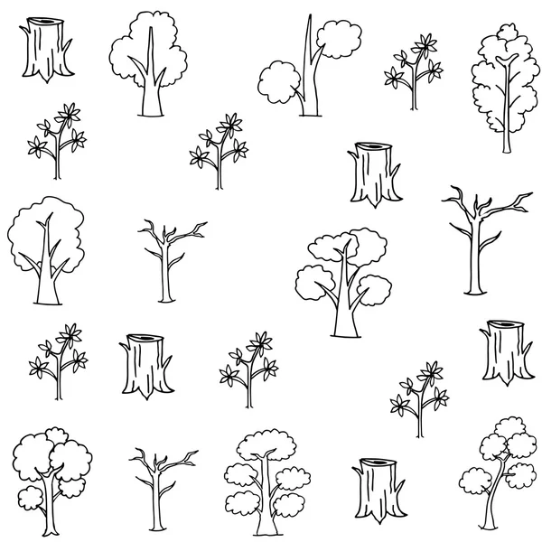 Plano mano dibujar árbol conjunto garabatos — Vector de stock