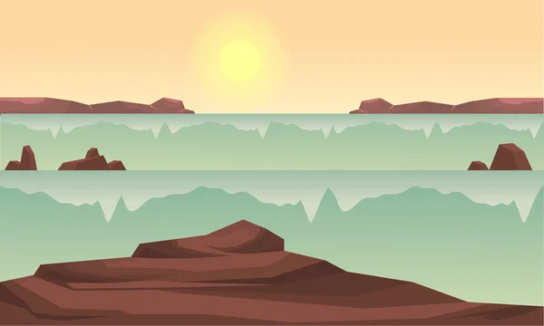 岩と日の出川のシルエット — ストックベクタ