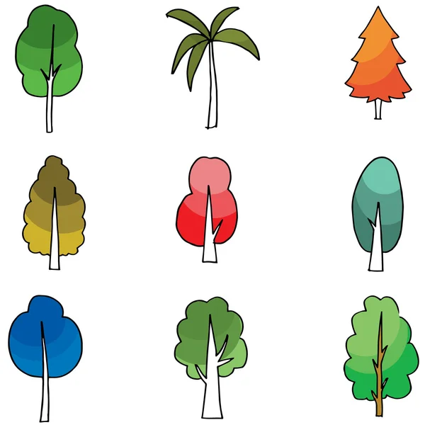 Sarjakuva puu asetettu doodles — vektorikuva