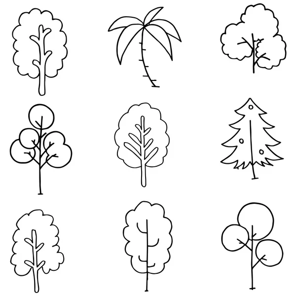 Dibuja a mano conjunto de árboles en garabatos — Vector de stock