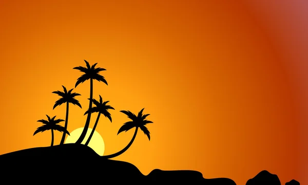 Palm en rock op strand landschap silhouetten — Stockvector