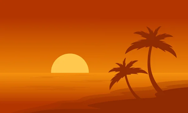 Praia e palma em fundos laranja silhuetas — Vetor de Stock