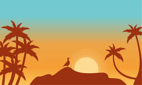 At sunrise bird on rock scenery silhouette — стоковый вектор