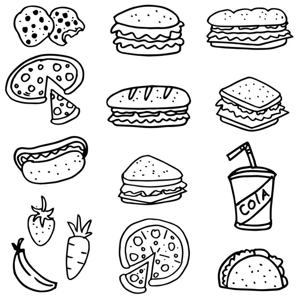 Doodle z pizza chleb jedzenie i picie — Wektor stockowy