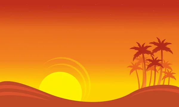 Au coucher du soleil décor au bord de la mer avec des silhouettes de palmiers — Image vectorielle