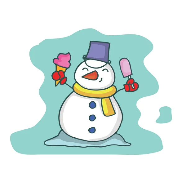 Vector art of snowman with ice cream — Stock Vector