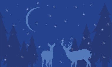 Gece geyik sahne kış siluetleri