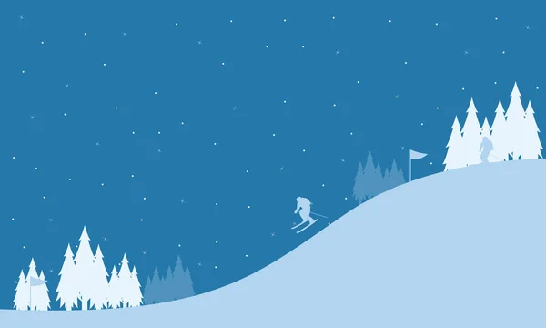 Silhueta de colina e pessoas jogando esqui — Vetor de Stock