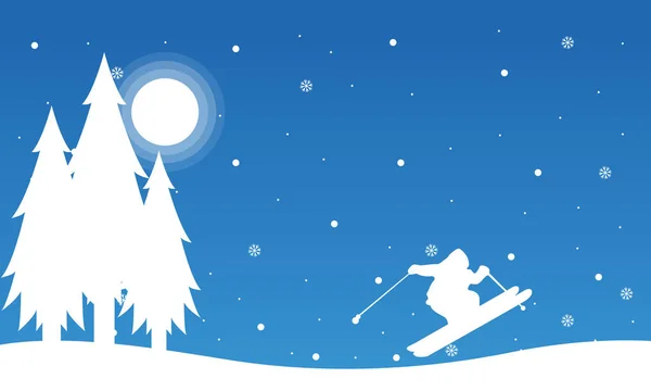 W nocy ludzie na nartach krajobraz Boże Narodzenie — Wektor stockowy
