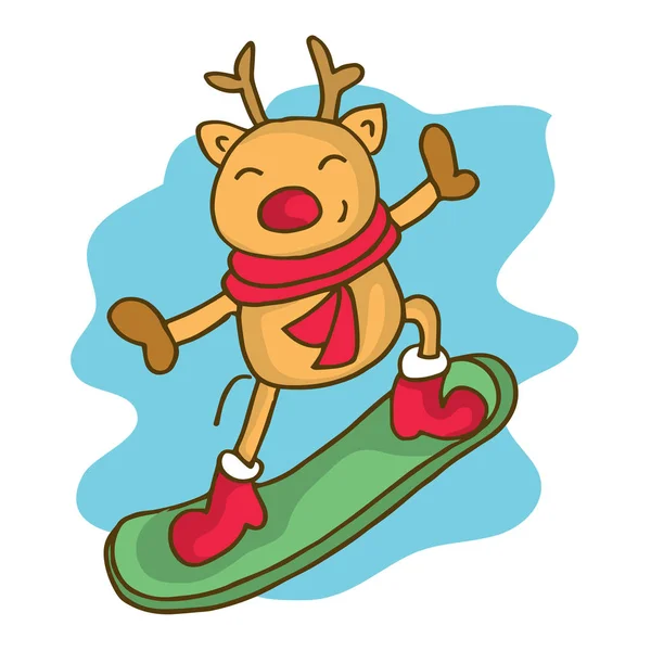 Caricature rennes sur snowboard Noël — Image vectorielle