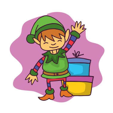 Noel hediye ile sallayarak karikatür elf