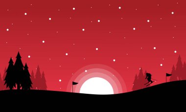 Kırmızı arka planlar üzerinde Noel manzara siluet