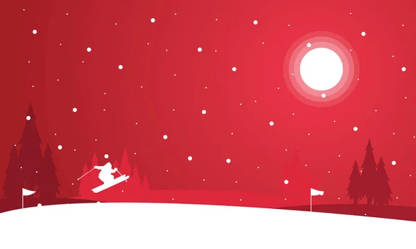 Paysage des personnes skier la nuit hiver — Image vectorielle