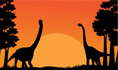Dinozor brachiosaurus turuncu gökyüzü manzara ile silüeti