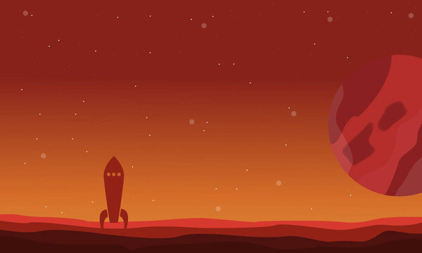 Landscape of desert planet and rocket on space