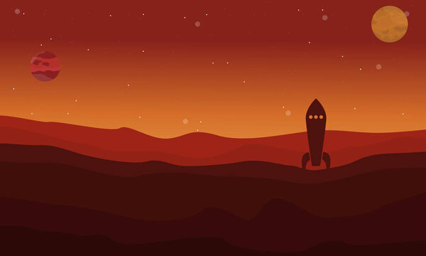 Rocket on desert outer space landscape