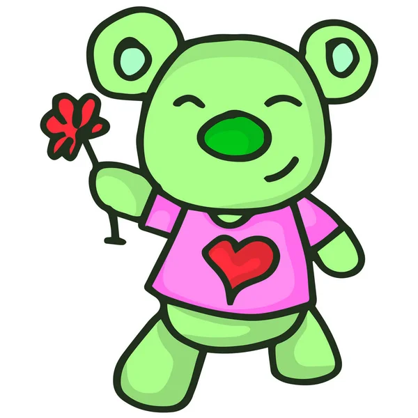 Orso e fiore carattere San Valentino — Vettoriale Stock