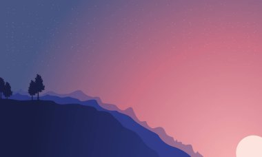 Tepenin gece ve yıldız manzara siluet