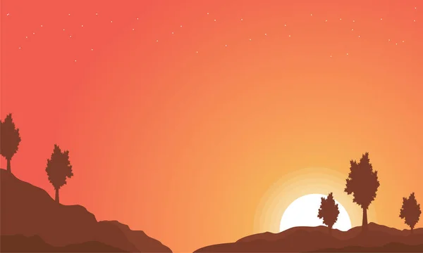 Paisaje de colina con fondos de cielo naranja — Vector de stock