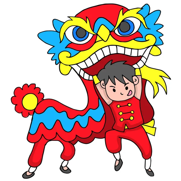 Menino com Leão Dançando Celebração Tradicional China — Vetor de Stock