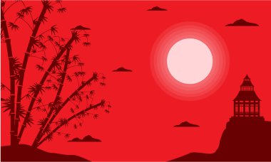 Sahne bambu ve pavilion silüeti