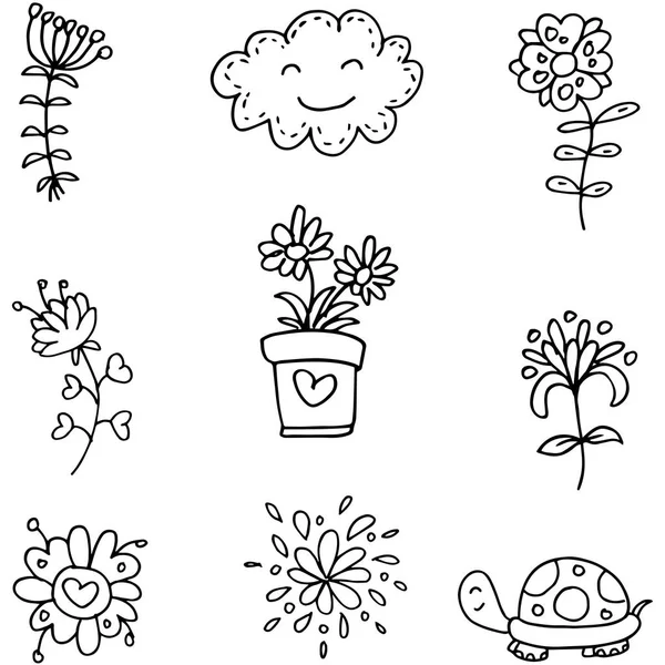 Doodle Set Frühling Blume Wolken — Stockvektor