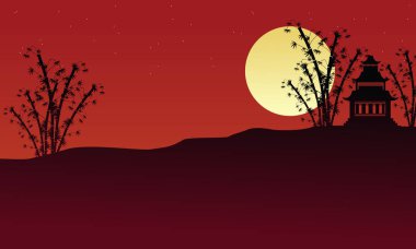 Siluetleri köşk ve bambu peyzaj